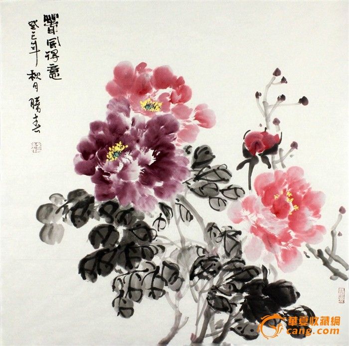 李胜春四尺斗方国画牡丹《春风得意》