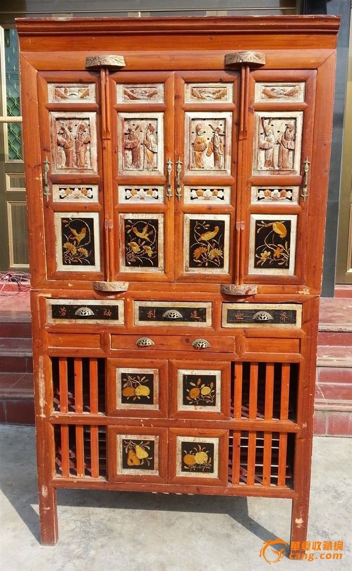 木雕文人贤士阴刻花鸟果蔬老菜柜 碗柜