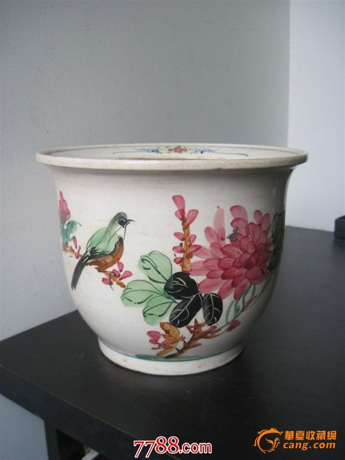 60年代潮州枫溪窑五彩花鸟纹花盆包快递