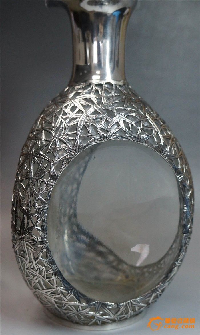 晚清民国纯银竹叶纹镂空镶嵌酒瓶,荷兰回流,包老包真