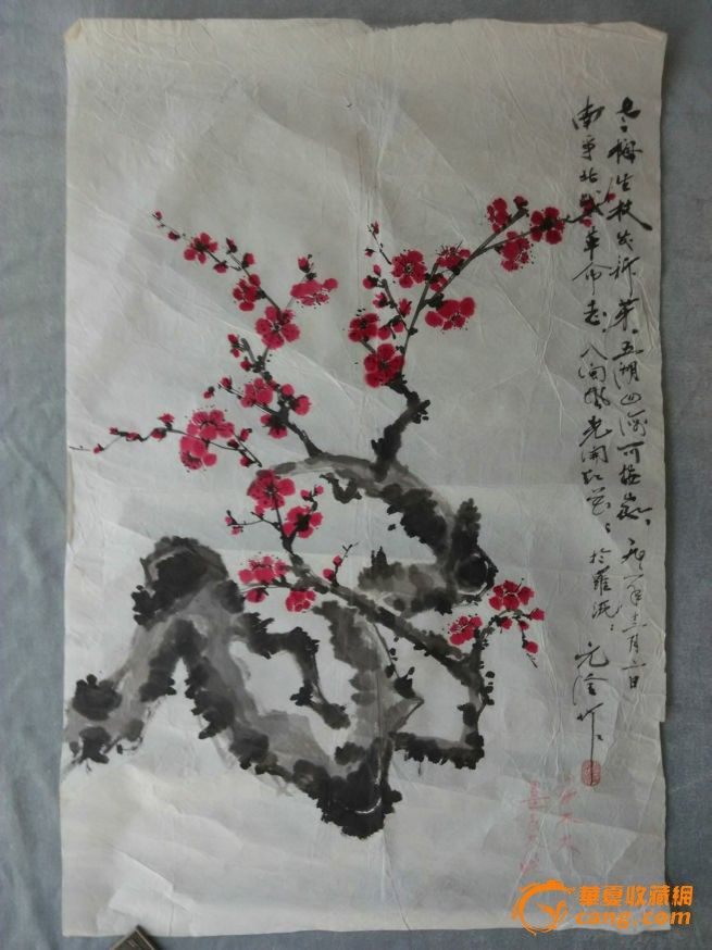 漂亮的梅花老国画一幅《老梅生枝发新芽》,诗画全,有画家题款